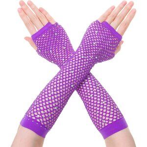 Women's Rhinestone Purple Sparkly Halloween Cosplay Fingerless Long Gloves
